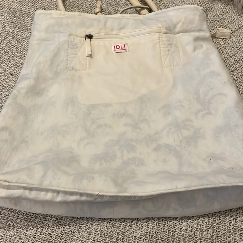 Tropical Blue White Canvas Hawaiian Print Leather Handles Drawstring Large Tote